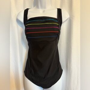 Longitude black one piece swimsuit with multicolored stripes size 14